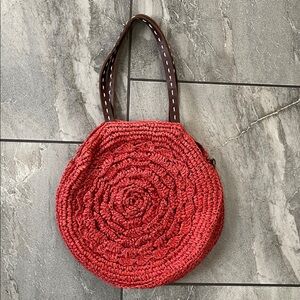 ❤️🧡 Lucky Penny | Anthropologie Raffia Straw Woven Flower Bag Leather Coral